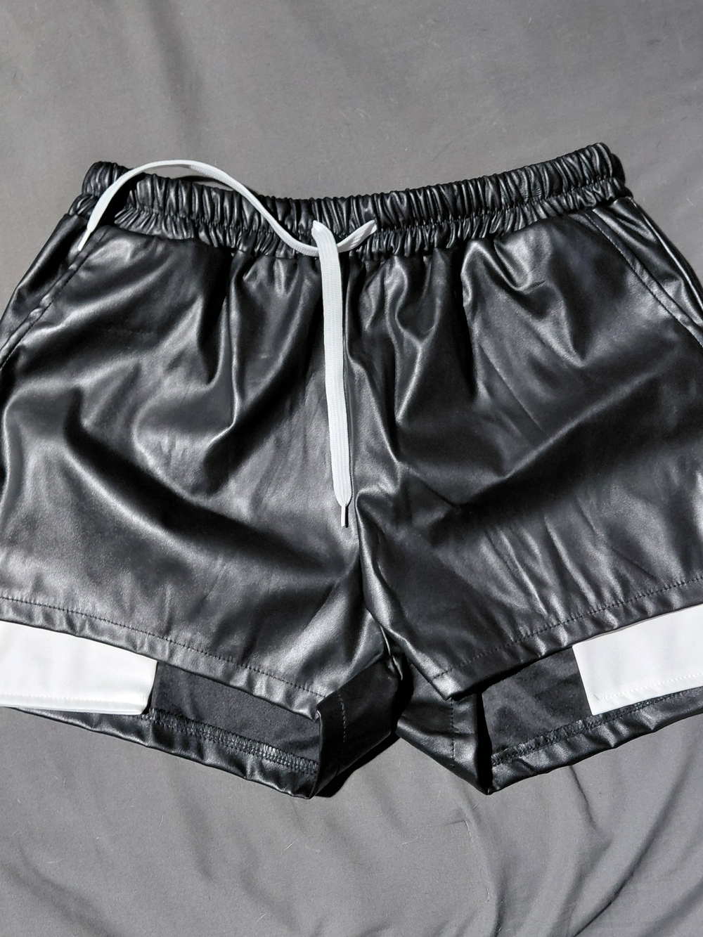Black Faux Leather Athletic Shorts with White Trim